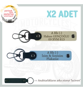 Tarz Motorcuya Hediye, İsim Plaka ve A Rh (-) Kan Grubu Yazılı 2'li Anahtarlık, Mavi-S Kahve-Laci