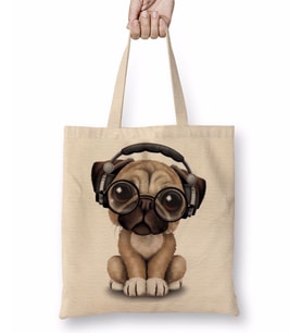 Müzik Pug Köpek Bez Çanta Uzun Saplı