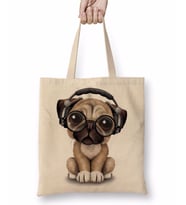 Müzik Pug Köpek Bez Çanta Uzun Saplı