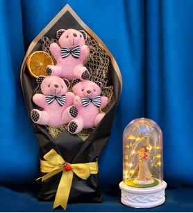 Pembe Peluş Ayıcıklı Büyük Boy Ayıcık Buketi ve Led Işıklı Tasarım Fanus  Ayıcık Buketi (Model 2)