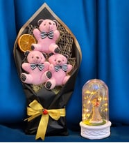 Pembe Peluş Ayıcıklı Büyük Boy Ayıcık Buketi ve Led Işıklı Tasarım Fanus  Ayıcık Buketi (Model 2)