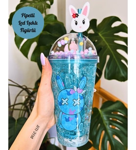 Suluk Pipetli Cam Görünümlü Işıklı 450 ML Çift Katman Mika Su Şişesi  2087 Mavi