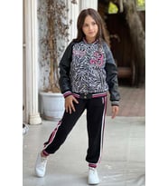 Kız Çocuk V Cool Yazı Baskılı Sweatshirt Zebra ve Pembe Şerit Detaylı Deri Eşofm