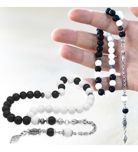 Kararmaz Metal Arnavut Püskül Küre Kesim Siyah Beyaz Jade Oniks Doğaltaş Taraftar Tesbih M1