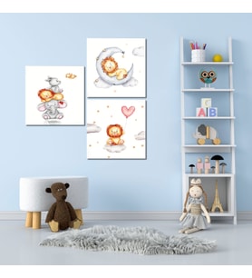 3'lü Kare Kanvas Bebek Odası Soft Aslan ve Fil Tablo Seti