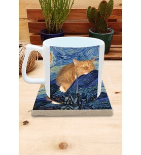 Kediler ve Sanat/Van Gogh Set 10 - Yıldızlı Gece(Starry Night) Yelken Fincan Kupa-Taş Bardak Altlığı 9