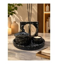 Mermer Desen Vernikli Kokulu Soya Mum, Vazo, Tea light Tepsi Ve Siyah Bambu Çubuklu Oda Kokusu