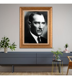Altın Varaklı Çerçeveli Paspartulu Atatürk Tablo TR0676 (Gold)