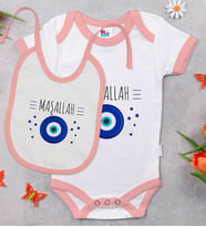 BK Kids Maşallah Tasarımlı Pembe Bebek Body Zıbın ve Mama Önlüğü Hediye Seti-1