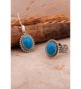 Firuze Taşlı Telkari Elişi Oval Gümüş İkili Set 2758
