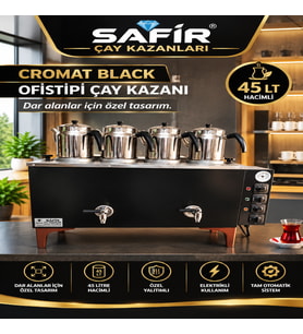 SAFİR 4 DEMLİKLİ KROMAT SİYAH OFİSTİPİ ÇAY KAZANI SİYAH TAM OTOMATİK ÇAY MAKİNESİ SADECE ELEKTRİKLİ SİYAH ÇAY SEMAVERİ ÇAYLAND