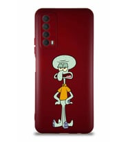 Huawei Y7A Soft Premier Kapak Squidward Dokunaç Tasarımlı Silikon Kılıf - Mürdüm (Şeffaf)