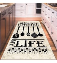 Bej My Kitchen Desenli Yıkanabilir Kaymaz Taban Leke Tutmaz Modern Salon Halısı ve Yolluk (Bej - Siyah)