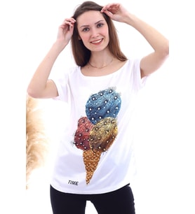 20061957 Süprem Dondurma Baskılı İncili T-Shirt BEYAZ