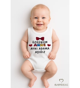 Üzgünüm Anne Aynı Adama Aşığız Yazılı Kolsuz Bebek Body %100 Pamuk Yazlık Çıtçıtlı Zıbın 0-3-24 Ay (Beyaz)