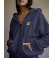 Kadın Uzun Tüylü Kedi Baskılı Tam Boy Fermuarlı Oversize Hoodie (Lacivert)
