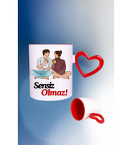 Sensiz Olmaz Baskılı Kalpli Kırmızı Kupa Bardak Çay Kahve Fincanı