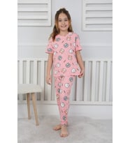Kedi Baskılı Pembe %100 Pamuk Kısa Kollu Kız Çocuk Pijama Takımı (3,4,5,6,7,8 Yaş)