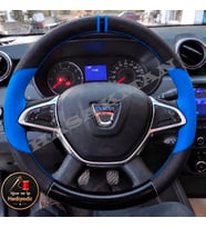 Dacia Logan MCV Mk2 Dikme Direksiyon Kılıfı Delikli Deri Parlak Siyah Mavi Detay Çift Yüzük ve Dikiş 2017-2021