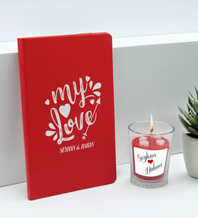BK Gift Sevgililere Özel İsimli Kırmızı Defter ve Cam Bardakta Kalp Figürlü Kokulu Mum Hediye Seti-11, Sevgiliye Hediye, Sevgililer Günü