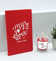 BK Gift Sevgililere Özel İsimli Kırmızı Defter ve Cam Bardakta Kalp Figürlü Kokulu Mum Hediye Seti-11, Sevgiliye Hediye, Sevgililer Günü