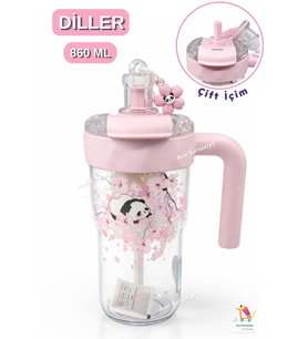 Diller Figürlü 860ML Kulplu Süzgeçli Matara (Pembe)
