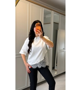 Kısa Kollu Bısıklet Yakalı Dantel Detaylı Vıskon ıkı ıplık Bluz