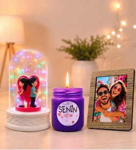 Kişiye Özel Fotoğraflı Renkli LED Işıklı Fanus (sırt sırta) ve Kokulu Cam Mum Seti