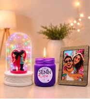 Kişiye Özel Fotoğraflı Renkli LED Işıklı Fanus (sırt sırta) ve Kokulu Cam Mum Seti