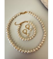 Vip Kalite Pirinç Üzeri Altın Kaplama A++ 7-8 mm Tatlı Su İncisi Set (Gold)