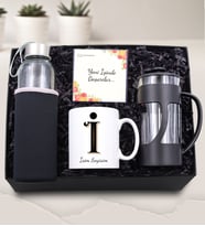 Kişiye Özel Vintage Harf Baskılı Kupa & Kılıflı 500Ml Su Matarası & Siyah French Press Hediye Seti