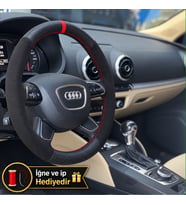 Audi Q3 8U Dikme Direksiyon Kılıfı Alcantara Süet Mat Karbon Kırmızı Yüzük ve Dikiş 2011-2018