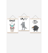 Sevimli Hayvanlar Ip Askılı Çocuk Odası Kanvas Poster Tablo Duvar Dekoru 3'lü Set