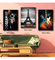 döberman eyfel kulesi salıncaktaki sarışın kadın tablosu 3 adet 35cmx50cm kumaş baskılı canvas tablo