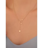 925 Ayar Altın Kaplama Ay ve Yıldız Sallantılı Kravat Gümüş Kolye - CN00408 (Gold)