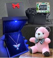 Işıklı Kutuda 925 Ayar Gümüş Kolye Peluş Anahtarlık Hediyeli Siyah Hediye Kutusunda (Model 6)