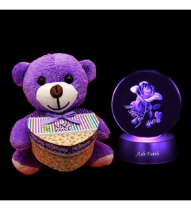 Kişiye Özel 3D I Love You Tasarım Güllü Işıklı Kristal Cam Küre Ve Peluş Ayıcık 