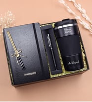 Kişiye Özel Kendin Tasarla Siyah 500 Ml Çelik Termos & Siyah Touch Pen & Siyah Defter & 2'li Doğum Günü Mum Hediye Seti (Model 1)