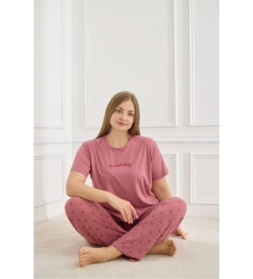 Kadın Kiraz Desenli Pembe Kısa Kollu Esnek Dokulu Milan Kumaş Yazlık Büyük Beden Pijama Takımı