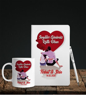 Sevgililer Gününe Özel Beyaz Deri Defter Kalem Kupa Hediye Seti 1