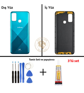 Infinix Hot 9 Play Mavi Uyumlu Arka Kapak + Yapıştırıcı ve Vida Seti Arka Cam Batarya Pil Kapağı