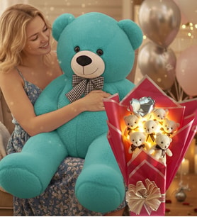 90 Cm Peluş Ayı ve LED Işıklı Romantik Balonlu Sütlü Kahve Ayıcık Buketi Doğüm Günü Hediyesi (Turkuaz)