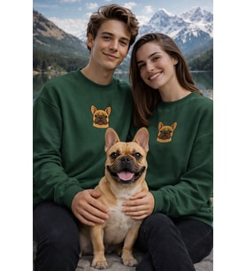 French Bulldog Köpek Desenli Sevgili Sweatshirt – Unisex Çift Kombini (Koyu Yeşil)