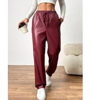 pilelistore- Kadın Yüksel Bel Bağcıklı Deri Pantolon (Bordo)