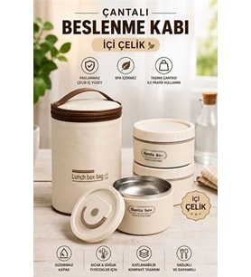 Isı Yalıtımlı Çanta 3 Parça Vakumlu Yemek Termosu Beslenme Kutusu Lunch Box Sefer Tası
