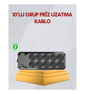 Mey İthalat® 10 Prizli Uzatma Kablosu Termal Koruma USB Type-C Hızlı Şarj 2500W