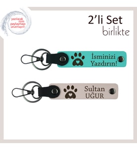 Köpeğinizin İsmini Yazdırarak Kişiselleştirebileceğiniz Anahtarlık, Kalpli Patili x2, Turkuaz-Pudra
