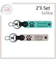 Köpeğinizin İsmini Yazdırarak Kişiselleştirebileceğiniz Anahtarlık, Kalpli Patili x2, Turkuaz-Pudra
