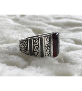 Kehribar Taşlı Erzurum Kalem İşçiliği 925 Ayar Gümüş Erkek Yüzük