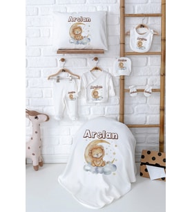 Pia Baby Premium İsmine Özel %100 Pamuk Yenidoğan Erkek Bebek Hastane Çıkışı Hediye Seti 5015-02 (Ekru)